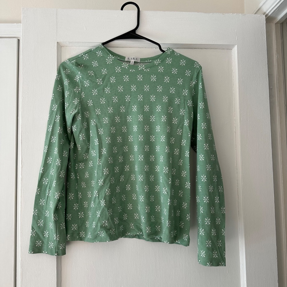 Lake Pajamas Women's S Pima Crew Long Sleeve Top, Boxwood Moroccan Blockprint